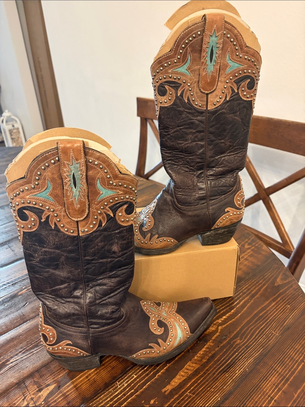 Old Gringo Brown Leather Western Heeled Boots with Tan and Turquoise Accents